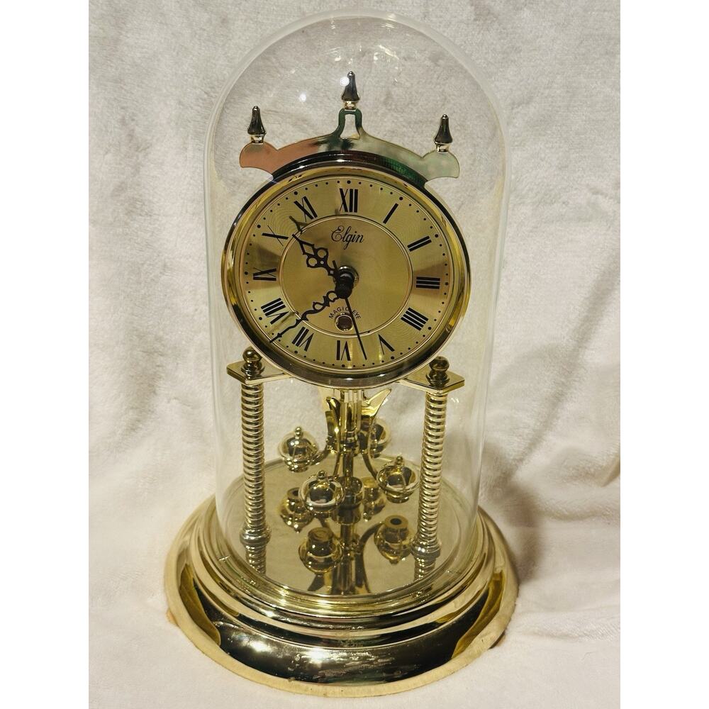Elgin Magic Eye Anniversary Glass Dome Quartz Rotating Pendulum Clock Vintage